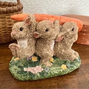 UDC Stone Critters bunny rabbit figurine 
featuring three small bunny rabbits